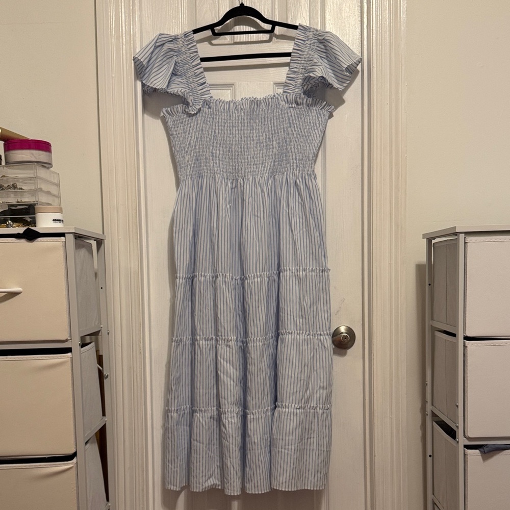 Chic Soul blue and white stripes dress with smocked bust and straps